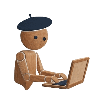 Rtistico wooden character working at a laptop