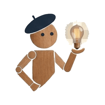 Rtistico wooden character holding a lightbulb